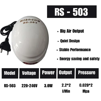 RS-503 Low Noise Dual Outlet Air Pump for Aquarium Fish Tank (200–300L) with Air Tube, Air Stone & Check Valve