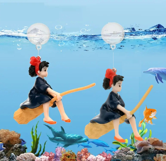 "2 Pcs Cute Floating Little Witch Aquarium Ornaments – Lifelike Decorations for a Magical Underwater Landscape"