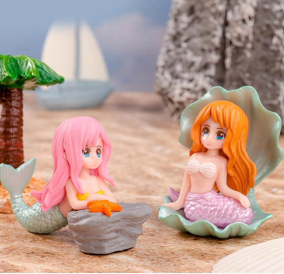 Miniature Mermaid Resin Toys – Cute Aquarium, Fish Tank, Desk, Terrarium, Cake, and Indoor DIY Decorations (2 Pcs, Random Mermaids)