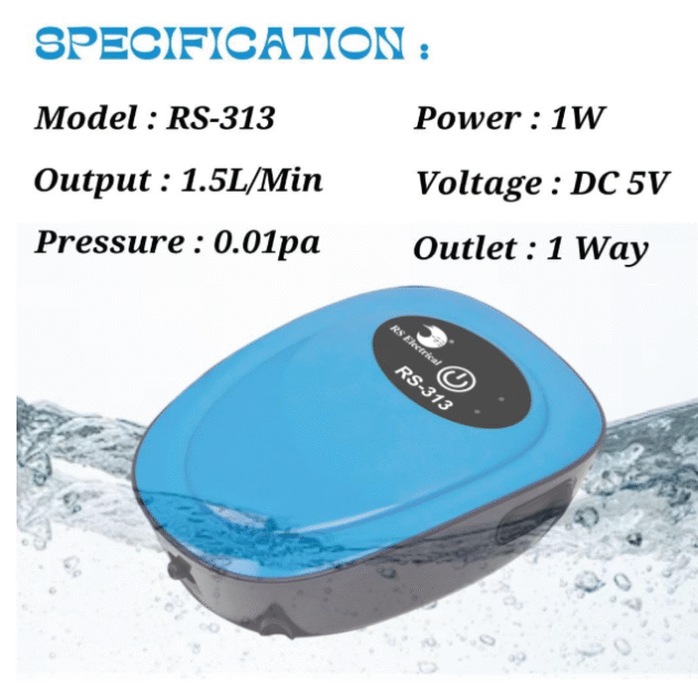 RS Electrical Best RS-313 AC/DC Aquarium Air Pump with Airtube and Airstone | Power: 1W | Flow: 1.5L/min