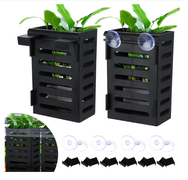 Animaux 2 Pcs Black Hanging Water Plant Holder (Box Type) Pot for Aquarium Fish Tank, Aquaponics and Hydroponics with Hooks and Suction Cups for Easy Installation