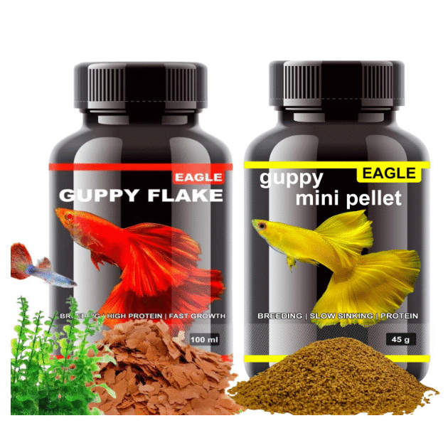 Animaux Eagle Guppy Fish Food Combo (Guppy Flake 100ml + Mini Pellet 45g)